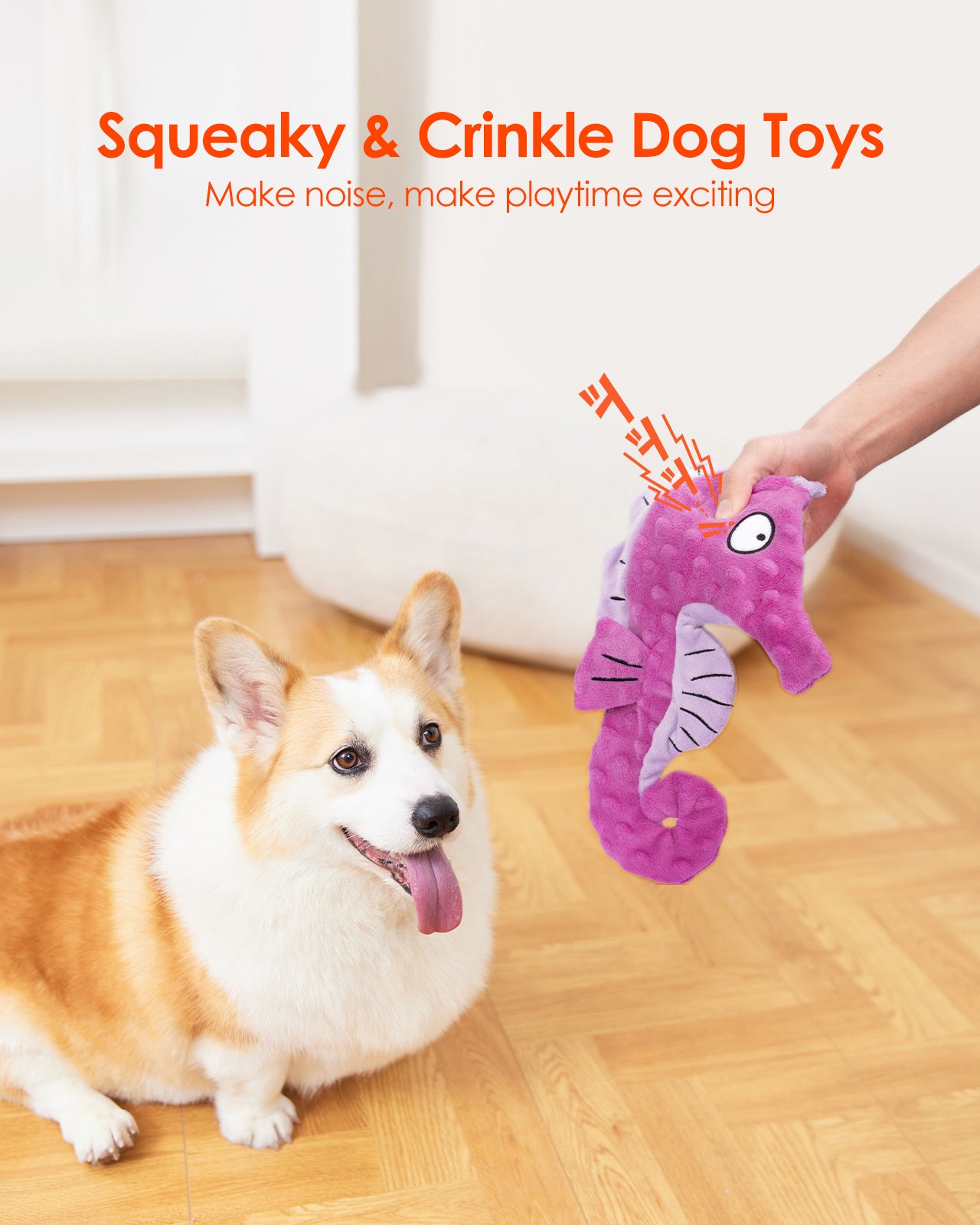 HGB Seahorse Squeaky Dog Toys, No Stuffing Crinkle Plush Dog Toys (Purple&Blue)