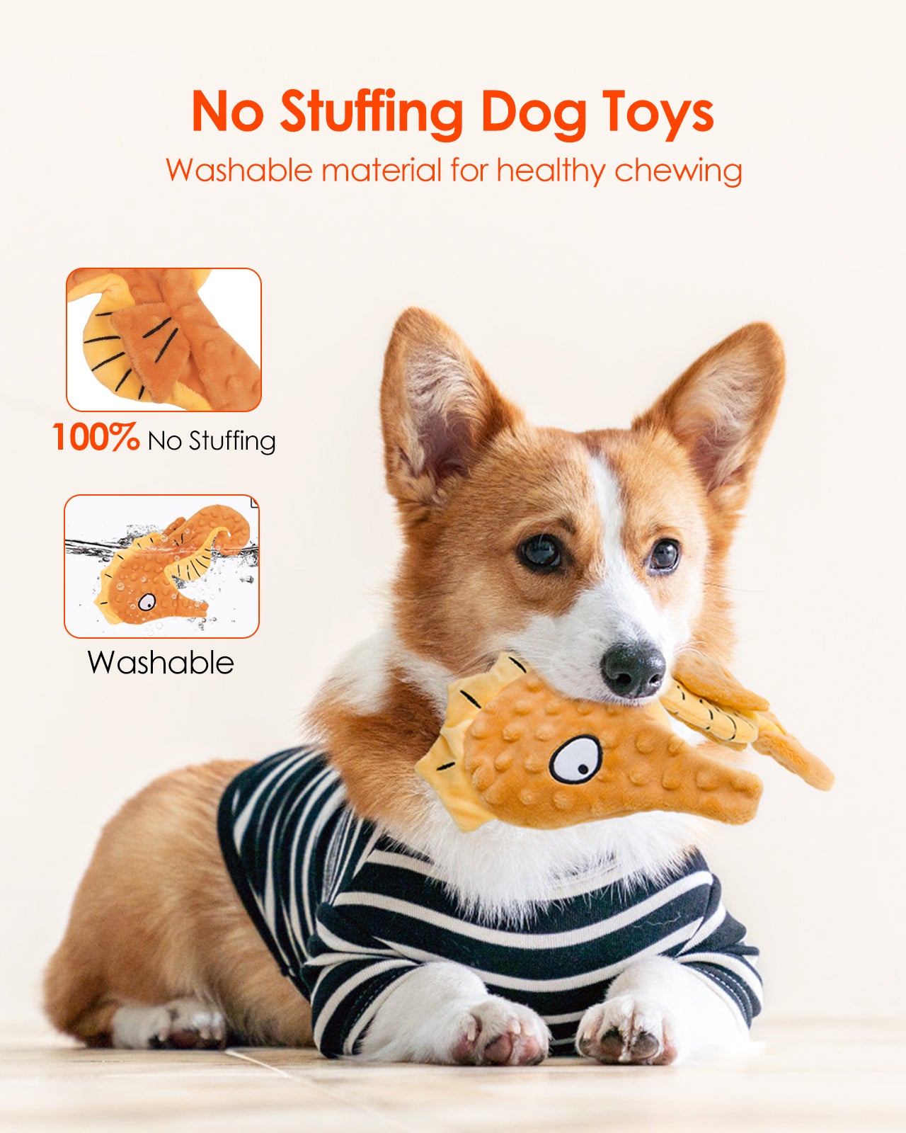 HGB Seahorse Squeaky Dog Toys, No Stuffing Crinkle Plush Dog Toys (Yellow&Green)