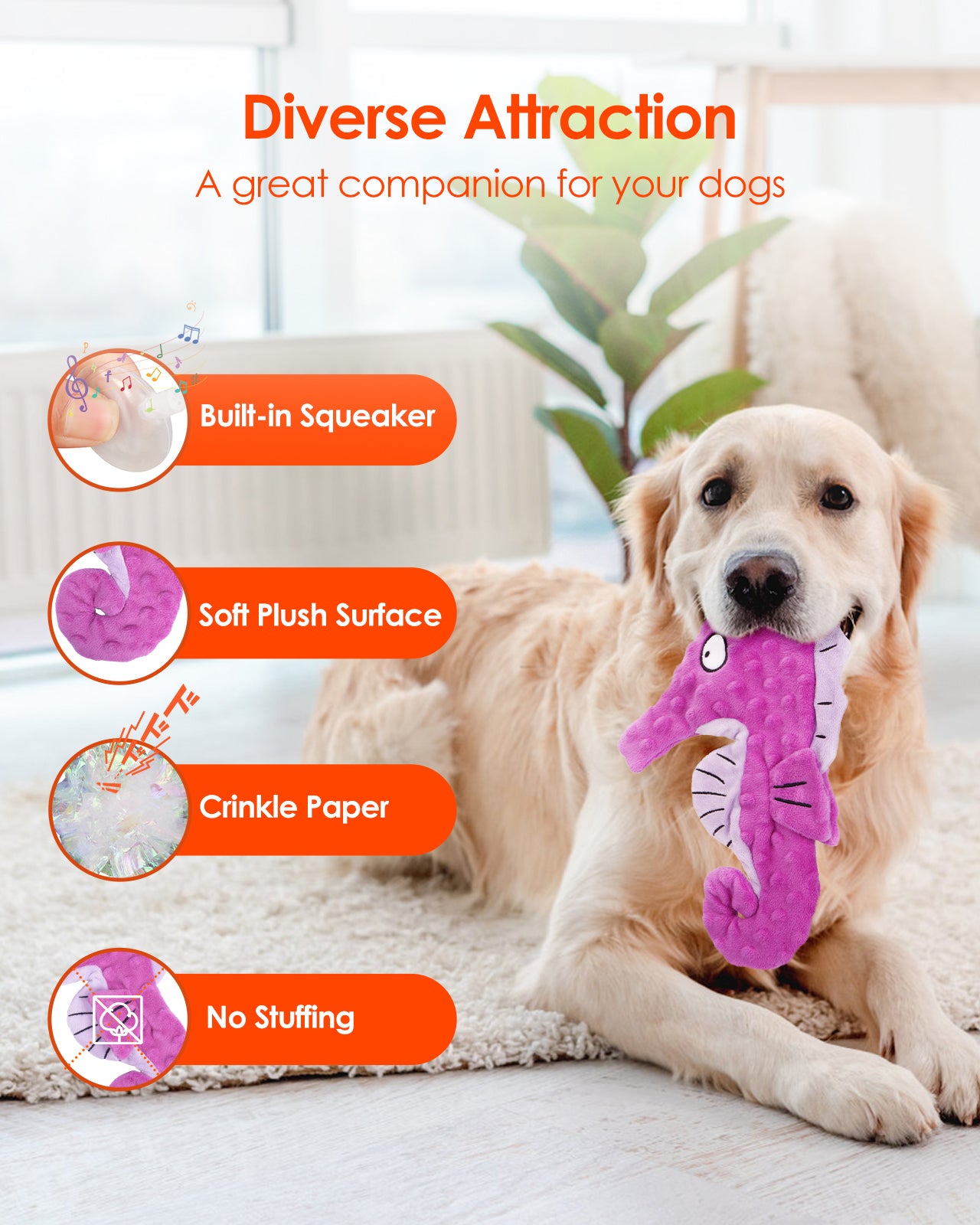 HGB Seahorse Squeaky Dog Toys, No Stuffing Crinkle Plush Dog Toys (Purple&Blue)