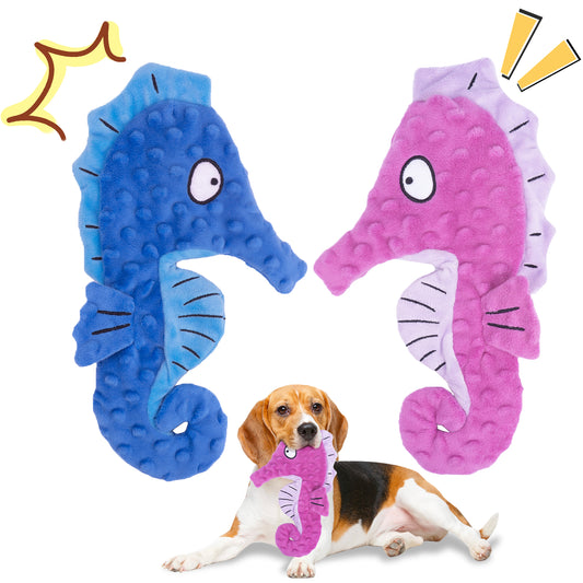 HGB Seahorse Squeaky Dog Toys, No Stuffing Crinkle Plush Dog Toys (Purple&Blue)