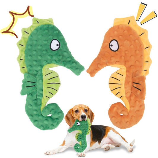 HGB Seahorse Squeaky Dog Toys, No Stuffing Crinkle Plush Dog Toys (Yellow&Green)